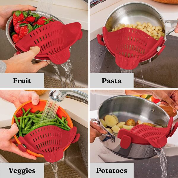 Kitchen Snap N Strain Pot Strainer and Pasta Strainer - Adjustable Silicone Clip On Strainer for Pots, Pans, and Bowls - Gray - Image 5