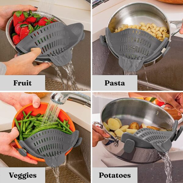 Kitchen Snap N Strain Pot Strainer and Pasta Strainer - Adjustable Silicone Clip On Strainer for Pots, Pans, and Bowls - Gray - Image 17