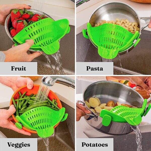 Kitchen Snap N Strain Pot Strainer and Pasta Strainer - Adjustable Silicone Clip On Strainer for Pots, Pans, and Bowls - Gray - Image 13