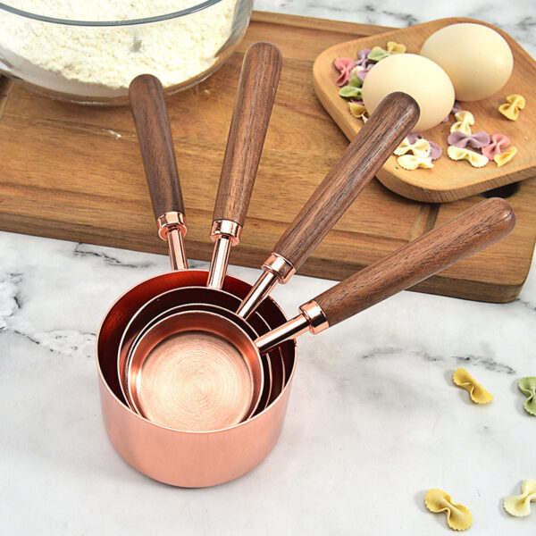 Rose Gold Measuring Cups and Spoons Set, Copper Pink Stainless Steel Cup and Spoon with Wooden Handle, Coffee Cake Milk Baking Measuring Cup - Image 2