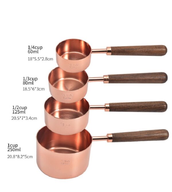 Rose Gold Measuring Cups and Spoons Set, Copper Pink Stainless Steel Cup and Spoon with Wooden Handle, Coffee Cake Milk Baking Measuring Cup - Image 3