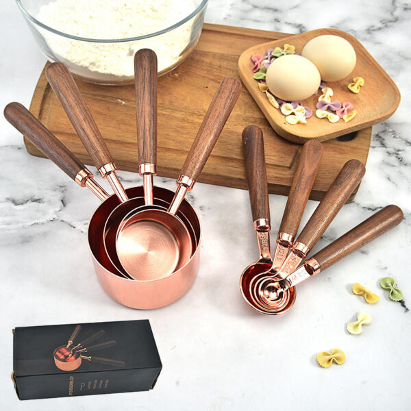 Rose Gold Measuring Cups and Spoons Set, Copper Pink Stainless Steel Cup and Spoon with Wooden Handle, Coffee Cake Milk Baking Measuring Cup - Image 5