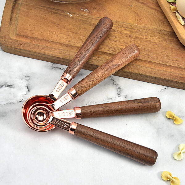 Rose Gold Measuring Cups and Spoons Set, Copper Pink Stainless Steel Cup and Spoon with Wooden Handle, Coffee Cake Milk Baking Measuring Cup - Image 6