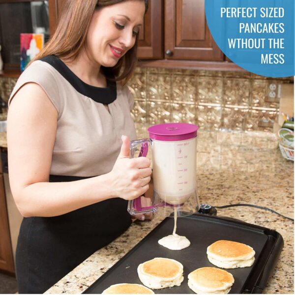 Pancake Batter Dispenser - Kitchen Must Have Tool for Perfect Pancakes, Cupcake, Waffle, Muffin Mix, Crepe & Cake - Easy Pour Baking Supplies for Griddle - Pancake Maker with Measuring Label - Image 4