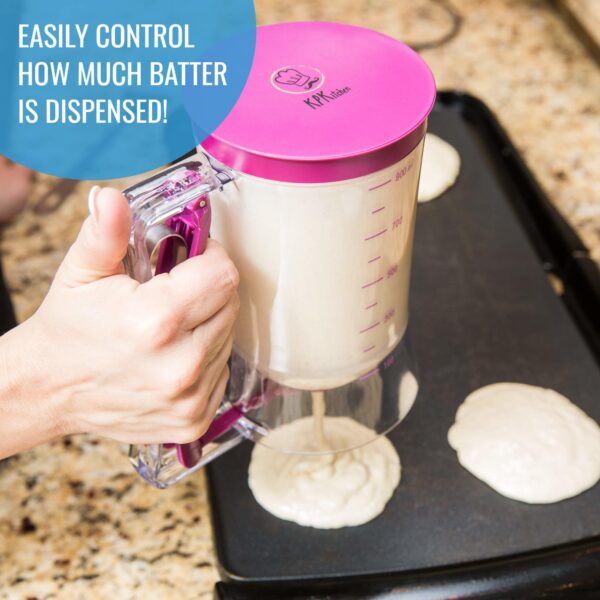 Pancake Batter Dispenser - Kitchen Must Have Tool for Perfect Pancakes, Cupcake, Waffle, Muffin Mix, Crepe & Cake - Easy Pour Baking Supplies for Griddle - Pancake Maker with Measuring Label - Image 8