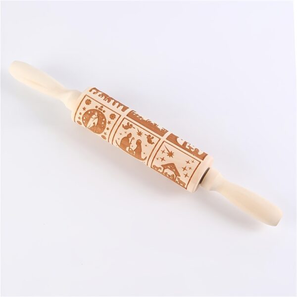 1pc Embossing Rolling Pin Christmas Pattern Xmas Wooden 3D Engraved Nativity With Jesus 9 Different Pattern Design For Baking Cookies - Image 3