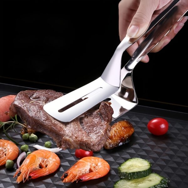 1pc Stainless Steel Steak Clamps; Kitchen Barbecue Food Flipping Spatula Tongs Clip For Burgers BBQ Pizza Pies Fish; Kitchen Bread Tongs - Image 2