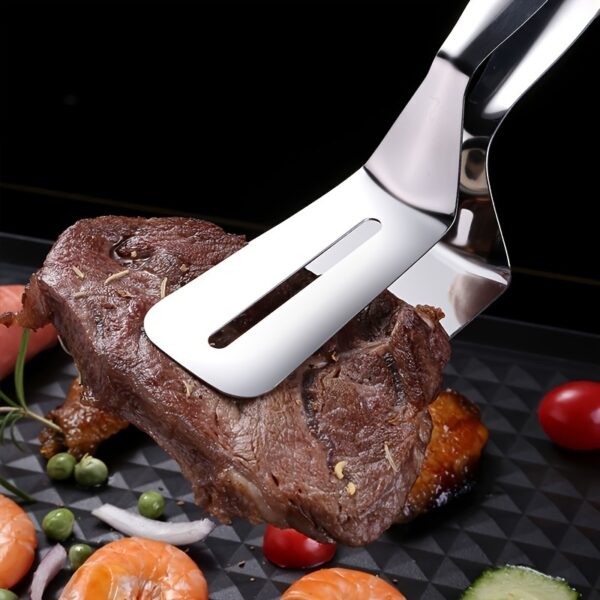 1pc Stainless Steel Steak Clamps; Kitchen Barbecue Food Flipping Spatula Tongs Clip For Burgers BBQ Pizza Pies Fish; Kitchen Bread Tongs - Image 3