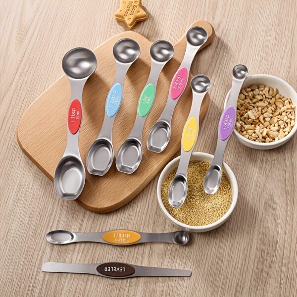 Set Of 8; Magnetic Measuring Spoon Set; Double Sided Stainless Steel Measuring Spoons; Fits In Spice Jars; Stackable Teaspoons; For Measuring Dry And Liquid Ingredients - Image 3