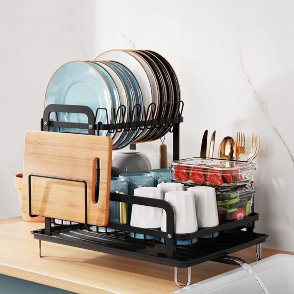 2-Tier Dish Drying Rack for Kitchen Counter Space Saving Rustproof Dish Rack with Drainboard Detachable Kitchen Drainer Organizer Set - Image 9