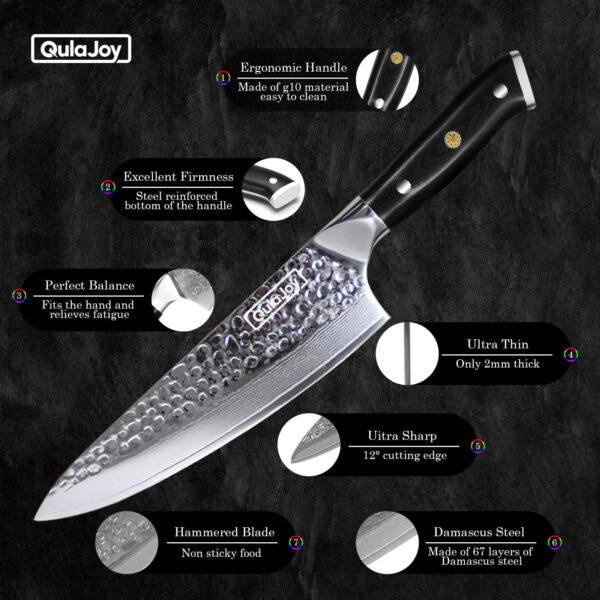 Qulajoy Chef Knife 8 Inch,Professional Japanese VG-10 Damascus 67 Layer Blade,Ultra Sharp Hammered Master Chefs Knife,Ergonomic G10 Handle,Triple Rivet And Full Tang - Image 2