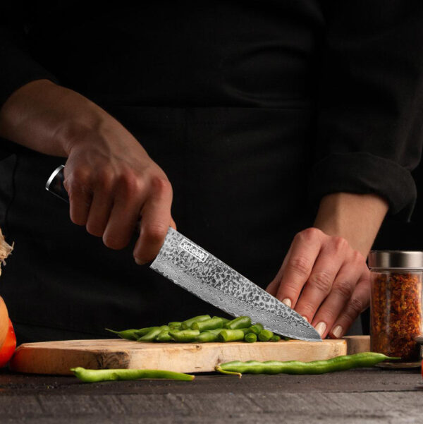 Qulajoy 7 Inch Santoku Knife- Ultra Sharp Japanese 67 Layers Damascus VG-10 Steel Core - Professional Hammered Chef Knife - Ergonomic G10 Handle With Sheath - Image 14