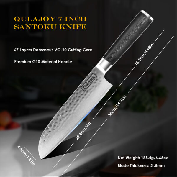 Qulajoy 7 Inch Santoku Knife- Ultra Sharp Japanese 67 Layers Damascus VG-10 Steel Core - Professional Hammered Chef Knife - Ergonomic G10 Handle With Sheath - Image 3