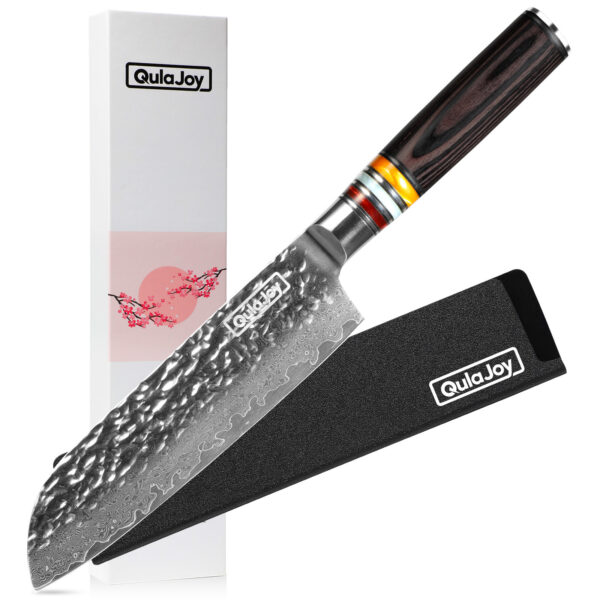 Qulajoy 7 Inch Nakiri Chef Knife,Professional Japanese 67 Layers Damascus VG-10 Steel Core,Hammered Vegetable Cutting Knife,Ergonomic Pakkawood Handle With Sheath - Image 14