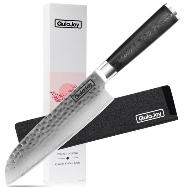 Qulajoy 7 Inch Santoku Knife- Ultra Sharp Japanese 67 Layers Damascus VG-10 Steel Core - Professional Hammered Chef Knife - Ergonomic G10 Handle With Sheath - Image 16