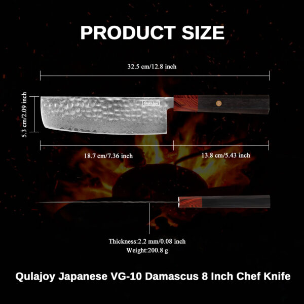 Qulajoy 8 Inch Chef Knife - Japanese Damascus VG-10 Super Steel Hammered Kitchen Knife - African Rosewood Octagonal Handle With Sheath - Image 3