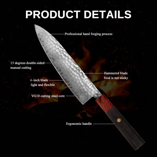 Kegani Damascus Japanese Chef Knife, 67 Layers VG-10 Japanese Knife Natural Hammered Chef Knife Japanese Rosewood Handle - Image 12