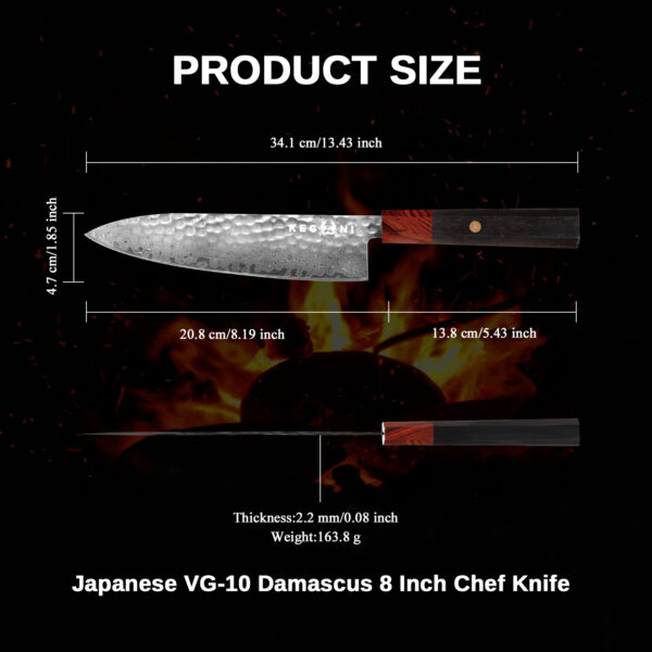 Kegani Damascus Japanese Chef Knife, 67 Layers VG-10 Japanese Knife Natural Hammered Chef Knife Japanese Rosewood Handle - Image 13