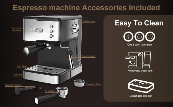 Geek Chef Espresso Machine;  Espresso and Cappuccino latte Maker 20 Bar Pump Coffee Machine Compatible with ESE POD capsules filter;  950W;  1.5L Water Tank(Banned selling Amazon) - Image 12