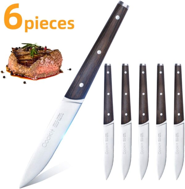 Cookit 6Pcs Steak Knife Set Serrated Stainless Steel Utility with Wooden Handle for Home Dining Restaurant - Image 2