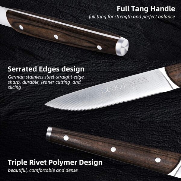 Cookit 6Pcs Steak Knife Set Serrated Stainless Steel Utility with Wooden Handle for Home Dining Restaurant - Image 3