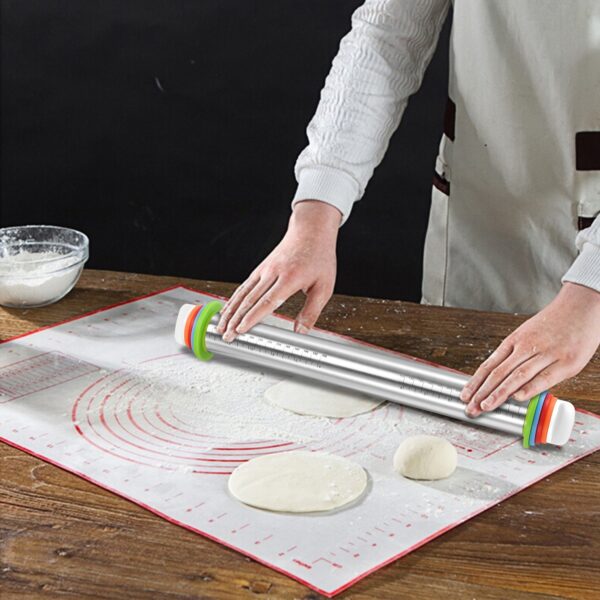 Dough Rolling Pin Dough Roller Stainless Steel Rolling Pins with 4 Removable Adjustable Thickness Rings and Rolling Mat - Image 10