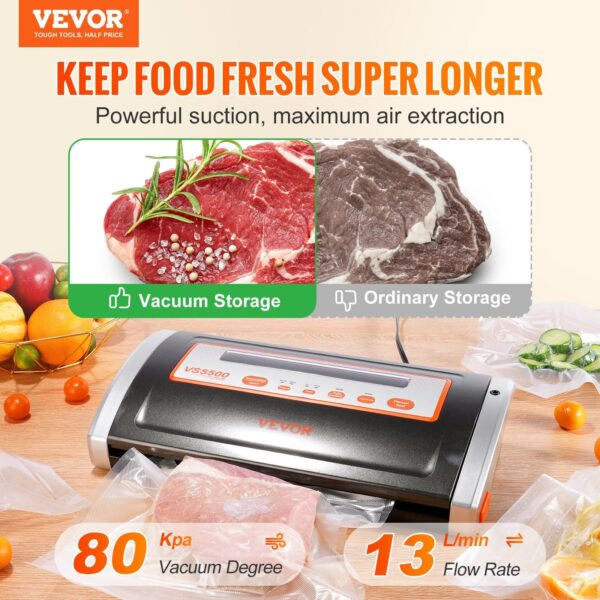 VEVOR Vacuum Sealer Machine, 80Kpa 130W Powerful, Multifunctional for Dry and Moist Food Storage, Automatic and Manual Air Sealing System with Built-in Cutter, 2 Bag Rolls and an External Hose - Image 2