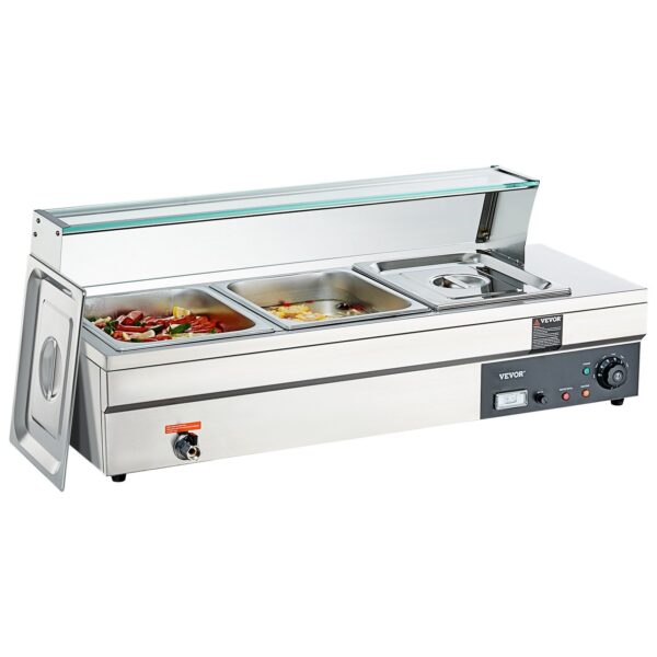 VEVOR 3-Pan Commercial Food Warmer, 3 x 12QT Electric Steam Table with Tempered Glass Cover, 1500W Countertop Stainless Steel Buffet Bain Marie 86-185?F Temp Control for Catering, Restaurants, Silver