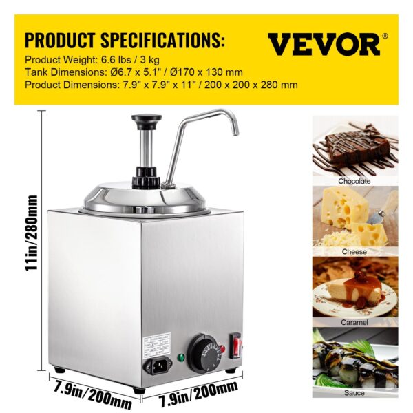 VEVOR Cheese Dispenser with Pump, 2.6Qt Capacity Nacho Cheese Warmer with Pump, 650W Hot Fudge Warmer, Stainless Steel Hot Cheese Dispenser for Hot Fudge Cheese Caramel - Image 7