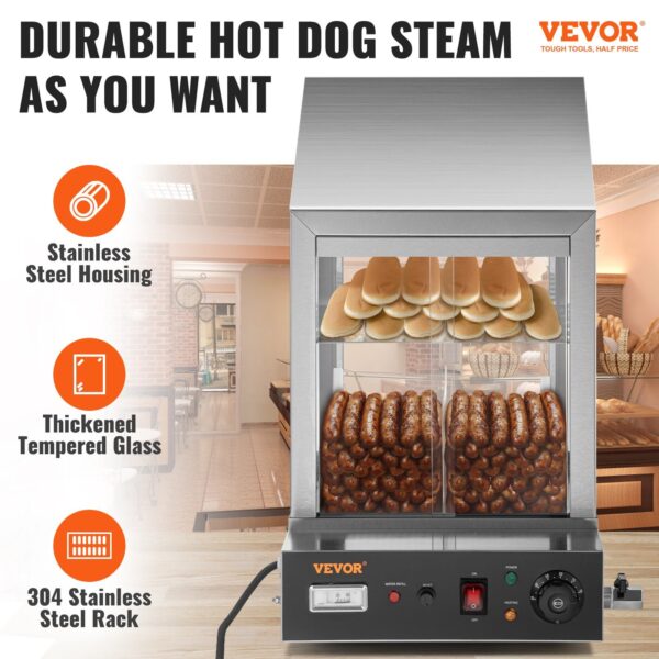 VEVOR 1200W Commercial Hot Dog Steamer 2 Tier Electric Bun Warmer w/ Slide Doors - Image 2