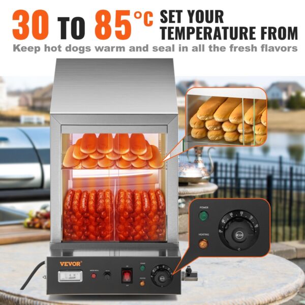 VEVOR 1200W Commercial Hot Dog Steamer 2 Tier Electric Bun Warmer w/ Slide Doors - Image 3