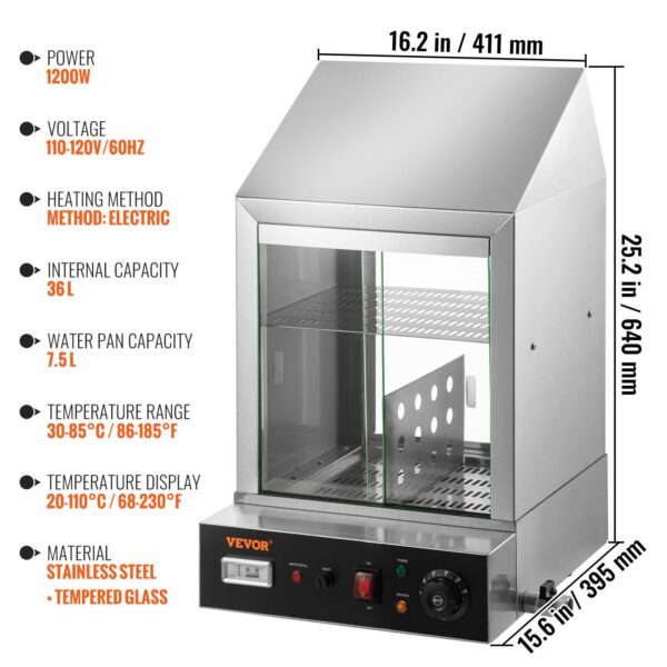 VEVOR 1200W Commercial Hot Dog Steamer 2 Tier Electric Bun Warmer w/ Slide Doors - Image 7