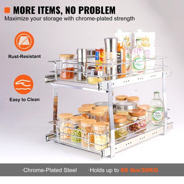 VEVOR 2 Tier 13"W x 21"D Pull Out Cabinet Organizer, Heavy Duty Slide Out Pantry Shelves, Chrome-Plated Steel Roll Out Drawers, Sliding Drawer Storage for Inside Kitchen Cabinet, Bathroom, Under Sink - Image 4