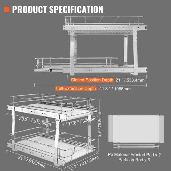 VEVOR 2 Tier 13"W x 21"D Pull Out Cabinet Organizer, Heavy Duty Slide Out Pantry Shelves, Chrome-Plated Steel Roll Out Drawers, Sliding Drawer Storage for Inside Kitchen Cabinet, Bathroom, Under Sink - Image 7