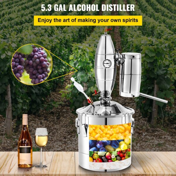 VEVOR 20L 5.3Gal Water Alcohol Distiller 304 Stainless Steel Alcohol Still Wine Making Boiler Home Kit with Thermometer for Whiskey Brandy Essential, Sliver - Image 2