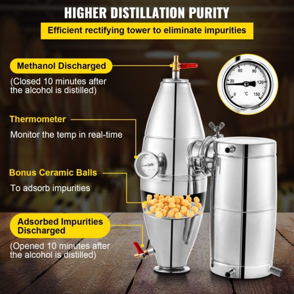 VEVOR 20L 5.3Gal Water Alcohol Distiller 304 Stainless Steel Alcohol Still Wine Making Boiler Home Kit with Thermometer for Whiskey Brandy Essential, Sliver - Image 4