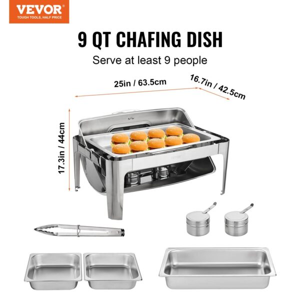 VEVOR Rectangle Roll Top Chafing Dish with 9Qt Pan Visual Glass Lid Fuel Holder - Image 2