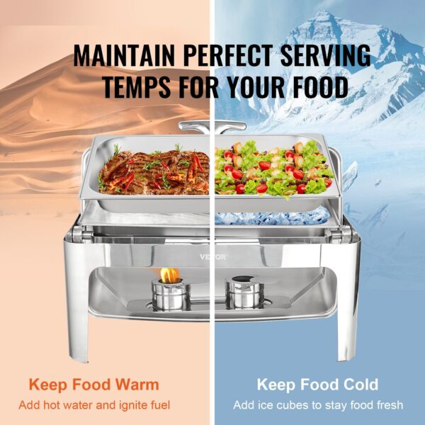 VEVOR Rectangle Roll Top Chafing Dish with 9Qt Pan Visual Glass Lid Fuel Holder - Image 5