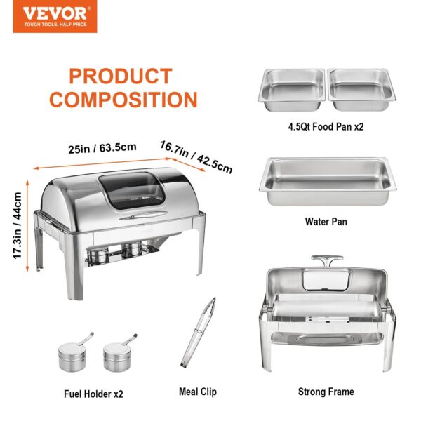 VEVOR Rectangle Roll Top Chafing Dish with 9Qt Pan Visual Glass Lid Fuel Holder - Image 7