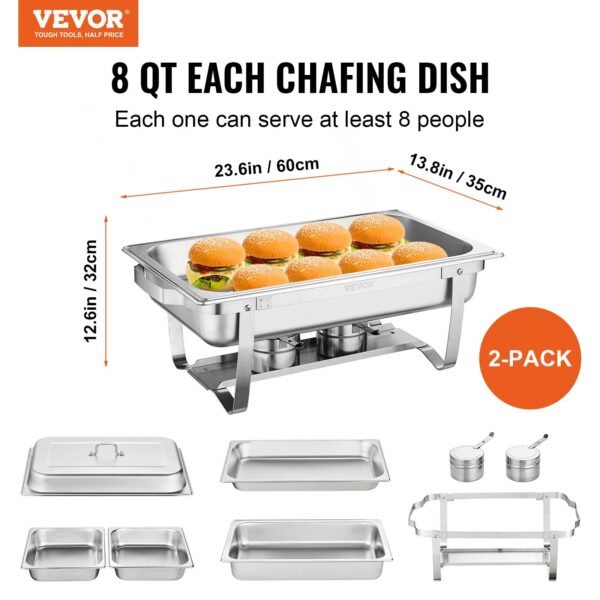 VEVOR 2-Pack Rectangle Chafing Dish Set 2 Full-Size 8Qt Pan 4 Half-Size 4Qt Pans - Image 2