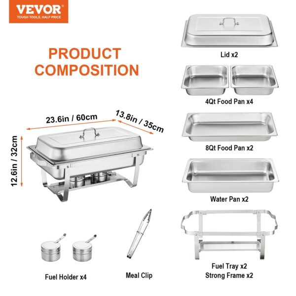 VEVOR 2-Pack Rectangle Chafing Dish Set 2 Full-Size 8Qt Pan 4 Half-Size 4Qt Pans - Image 7