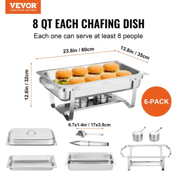 VEVOR Chafing Dish Buffet Set, 8 Qt 6 Pack, Stainless Chafer with 6 Full Size Pans, Rectangle Catering Warmer Server with Lid Water Pan Folding Stand Fuel Holder Tray Spoon Clip, at Least 8 People Eac - Image 2