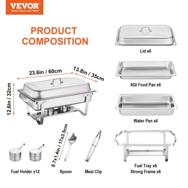 VEVOR Chafing Dish Buffet Set, 8 Qt 6 Pack, Stainless Chafer with 6 Full Size Pans, Rectangle Catering Warmer Server with Lid Water Pan Folding Stand Fuel Holder Tray Spoon Clip, at Least 8 People Eac - Image 7