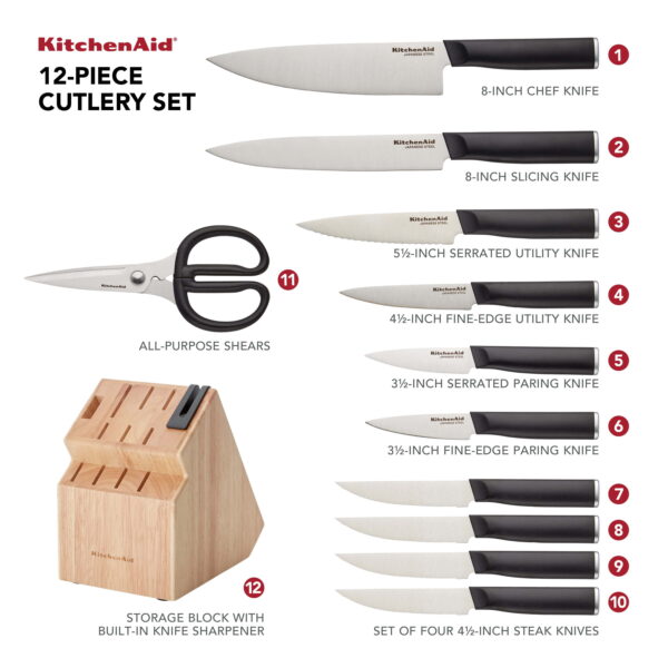 Classic Japanese Steel 12-Piece Knife Block Set with Built-in Knife Sharpener, Black - Image 2