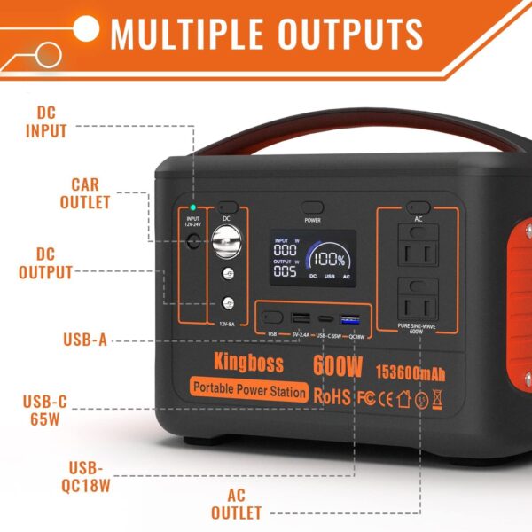 Portable Power Station 568Wh/600W Wireless Charger 15W PD Output 65W Type-C/QC 3.0/AC Outlets Solar Generator CPAP Battery Power Emergency Backup Power for Home Outdoor RV Camping Fishing - Image 8