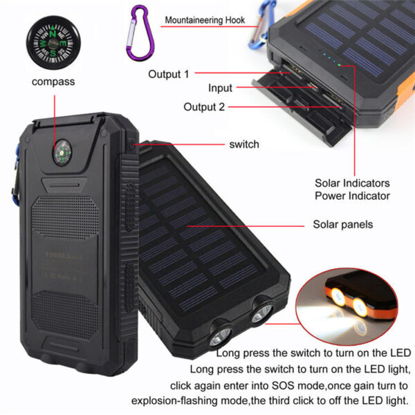 10000mAh Portable Fast Charging Power Bank 2USB Solar Charging with Flashlight For iPhone Xiaomi Android - Image 9