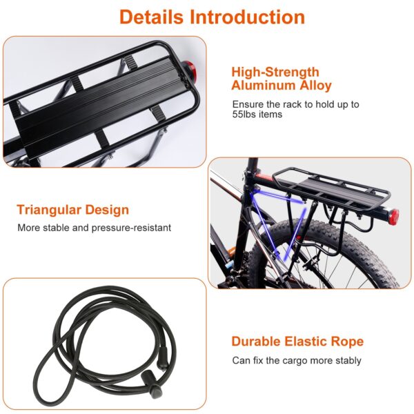 Bike Cargo Rack Adjustable Bicycle Rear Rack Cycling Luggage Carrier with Elastic Cord Red Reflector 55LBS Load Capacity - Image 5