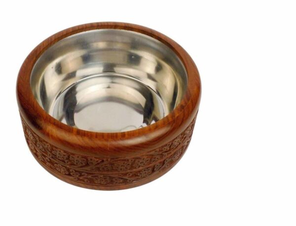 WILLART Handicraft Wooden Stainless Steel Bread Chaoati Casserole with Copper Finish Design; 1200 ml (Brown; 9 X 9 X 3.5 Inch ) - Image 2