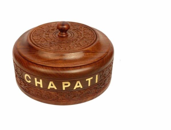 WILLART Handicraft Wooden Stainless Steel Bread Chaoati Casserole with Copper Finish Design; 1200 ml (Brown; 9 X 9 X 3.5 Inch )