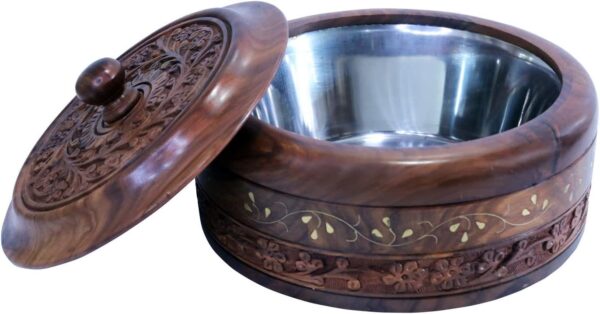 WILLART Handicraft Wooden Stainless Steel Bread Chaoati Casserole with Copper Finish Design; 1200 ml (Brown; 9 X 9 X 3.5 Inch ) - Image 6